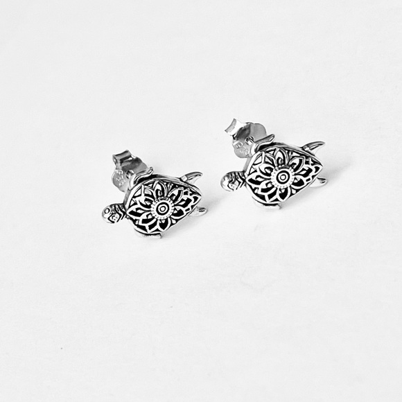 Sterling Silver Mandala Turtle Earring, Flower Earring, Animal Earrings, Turtles - Picture 9 of 13